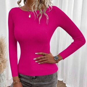 Pink Ribbed Knit Long Sleeve Tee